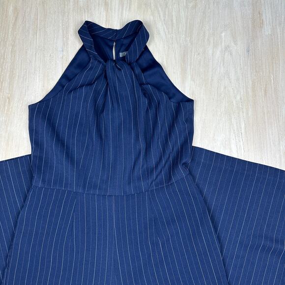 Julia Jordan Navy Pinstripe Twist Halter Business Casual Wide Leg Jumpsuit 12 - Picture 2 of 16